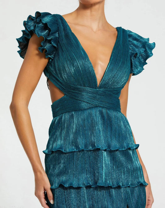 Blue Ruffle Tiered Criss Cross Lace Up Gown