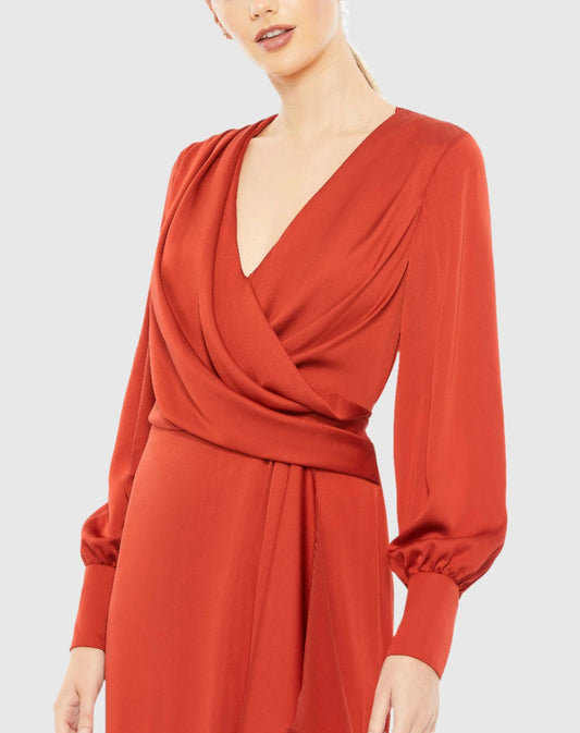 Red Draped Bishop Sleeve Charmeuse Gown