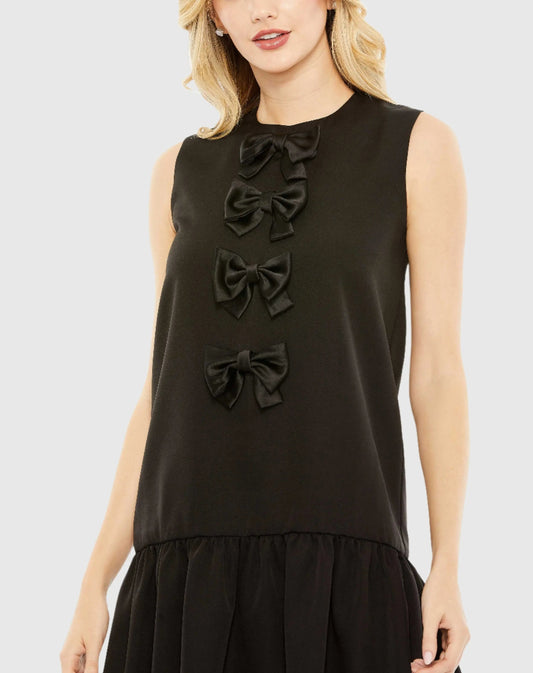 Black Sleeveless Bow Detail Tiered Hem Dress