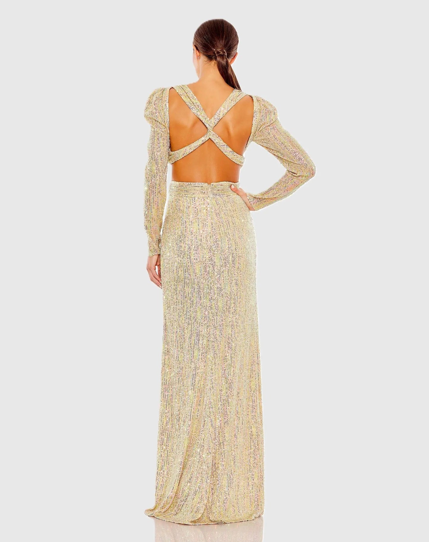 Gold Metallic Puff Sleeve Front Twist Cut Out Gown