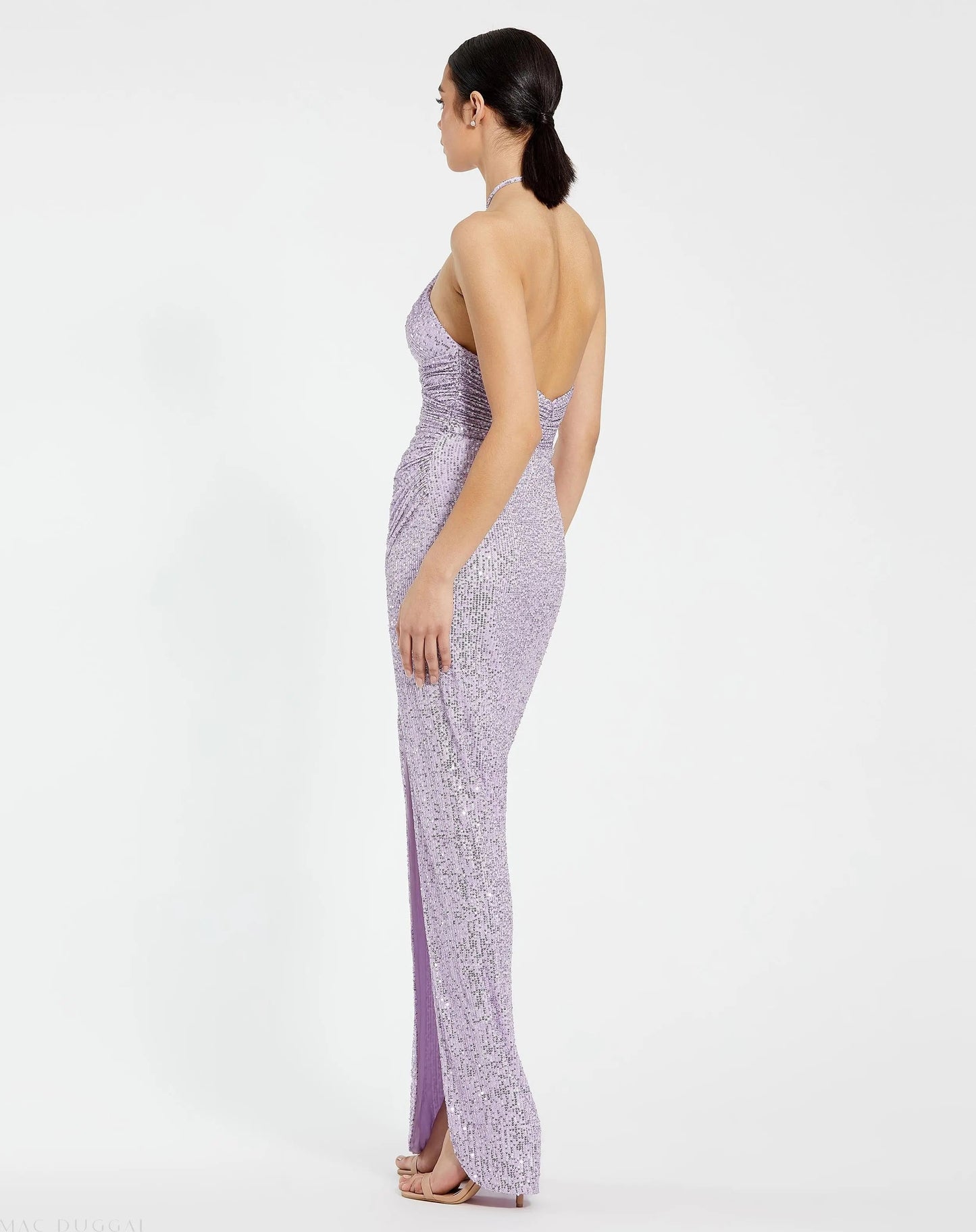 Purple Halter Neck Ruched Side Front Slit Sequin Gown