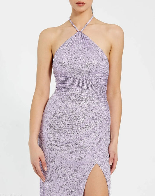 Purple Halter Neck Ruched Side Front Slit Sequin Gown
