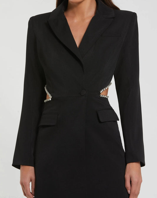 Black Crepe Blazer Rhinestone Trim Mini Dress