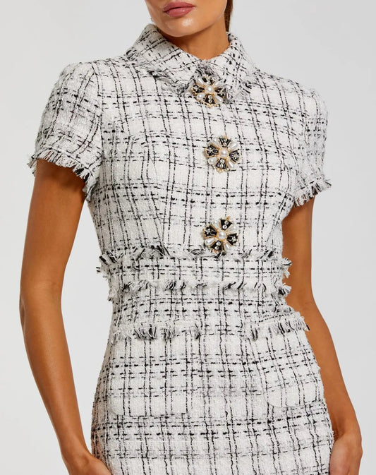 White Fitted Boucle Short Sleeve Button Up Midi Dress