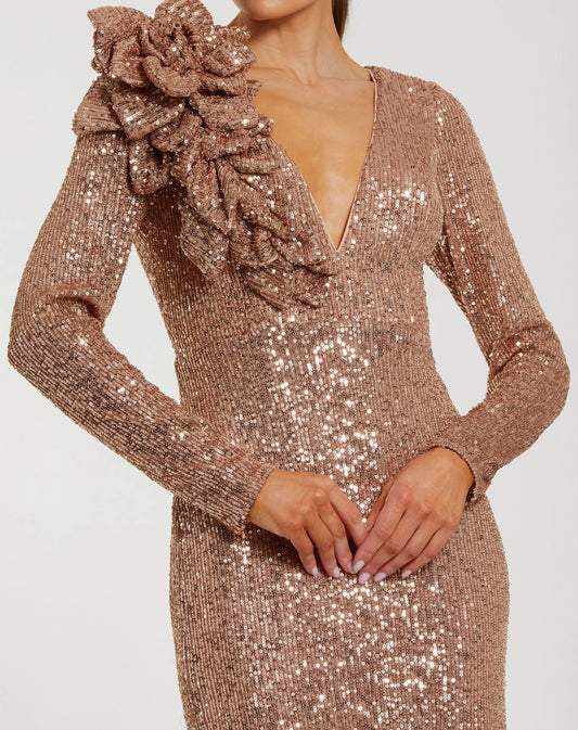 Light Pink Long Sleeve V Neck Sequin Gown With 3D Flower