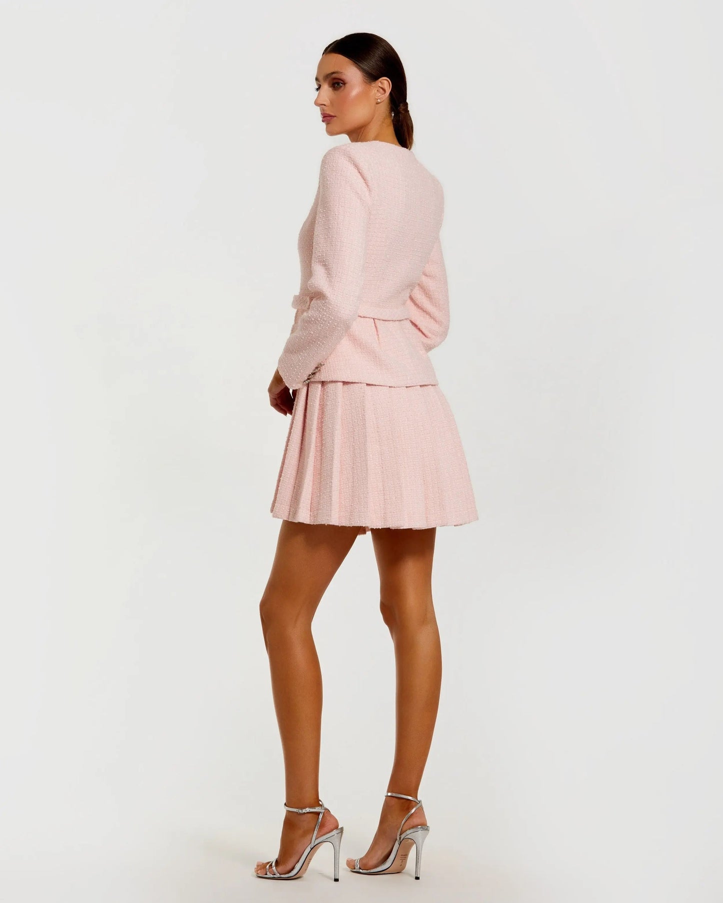 Light Pink Boucle Long Sleeve V-Neck Mini Dress