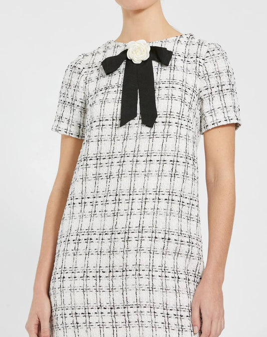 White Short Sleeve Boucle Mini Dress with Bow