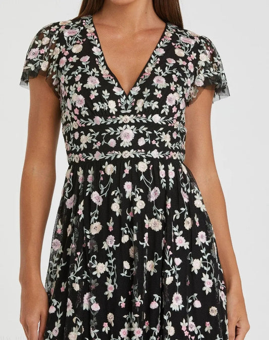 Black Multicolor Embroidered V Neck Cap Sleeve Midi Dress