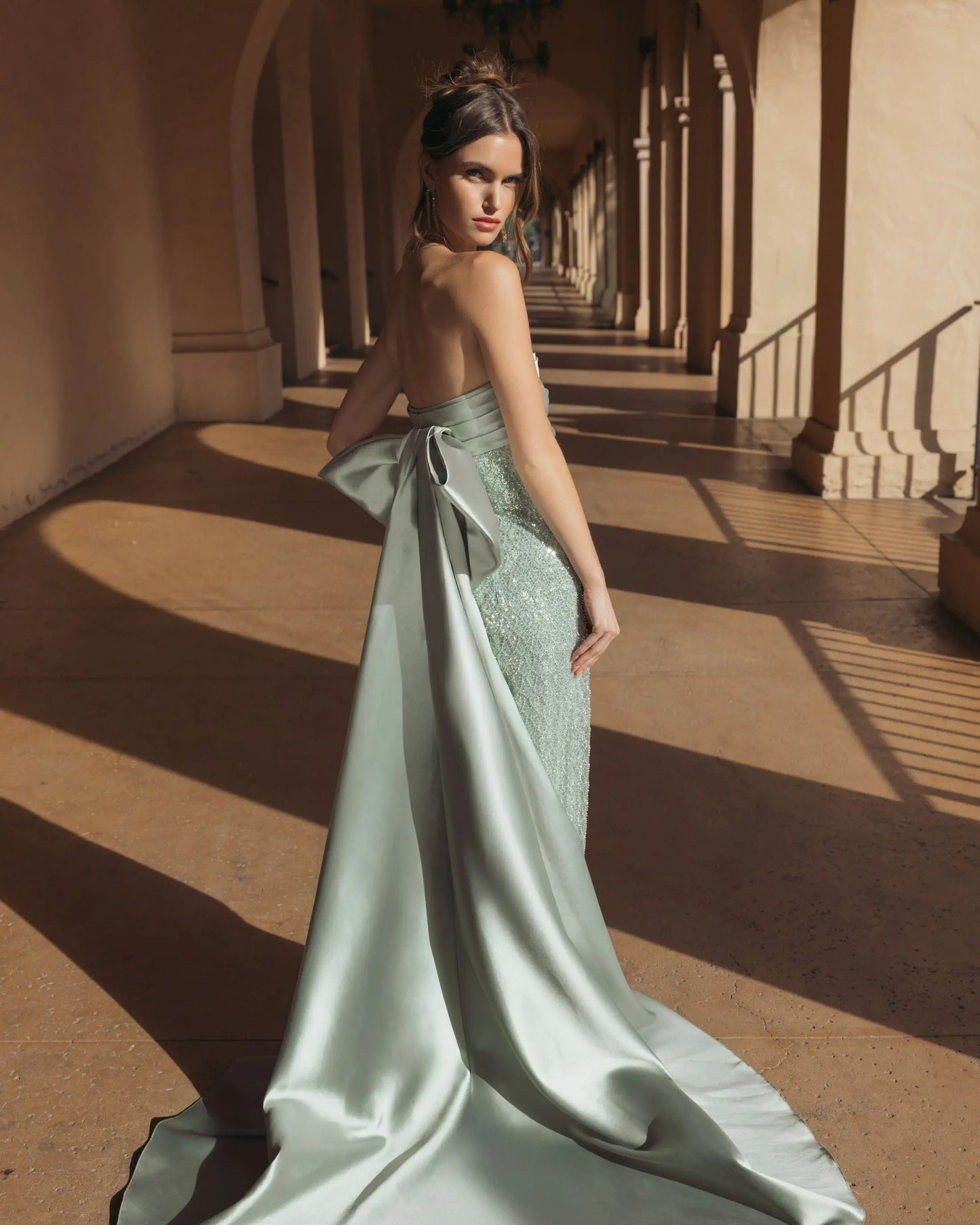 Green Strapless Embellished Gown With Back Bow Detail