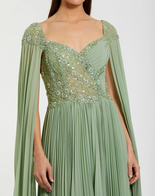 Green Embellished Chiffon Cape Sleeve A Line Gown