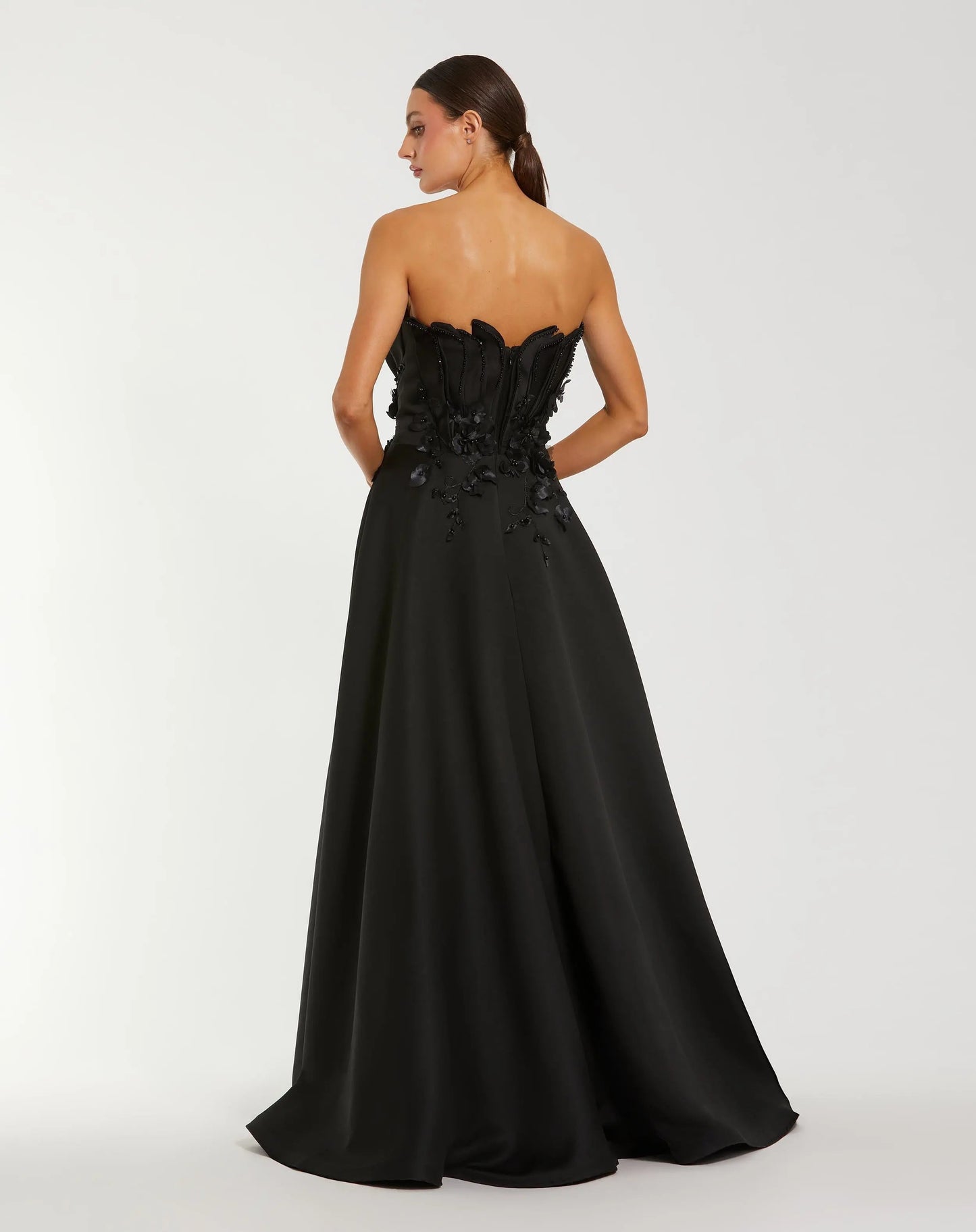 Black Strapless Satin Floral Embellished Ball Gown