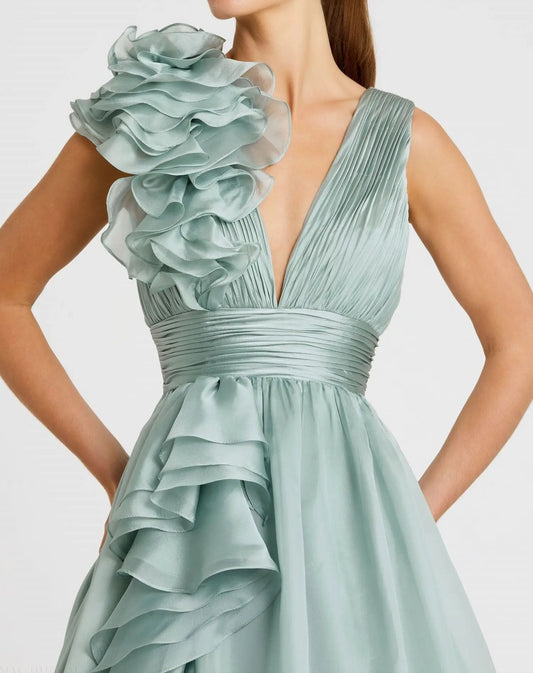 Green Ruffle Shoulder V-Neck Chiffon Gown