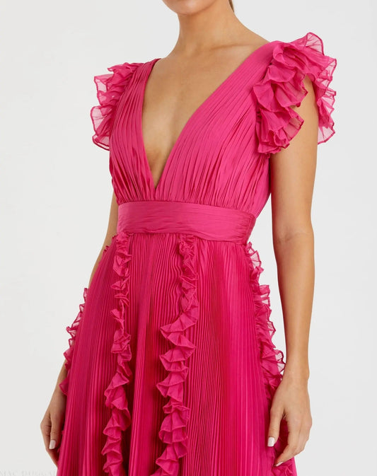 Pink Pleated Ruffle Cap Sleeve Flowy A Line Gown