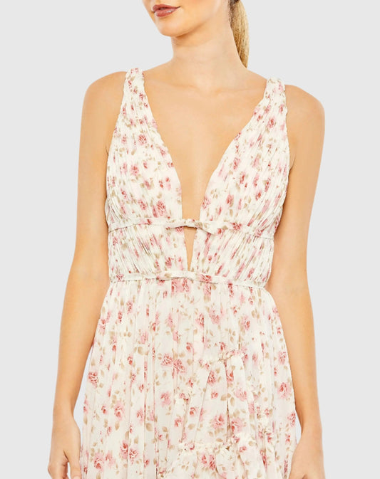 Pink and White Multicolor Floral Print Sleeveless Ruffled High-Low Gown