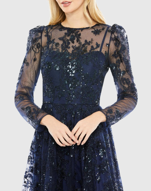Navy Embroidered Illusion High Neck A Line Dress
