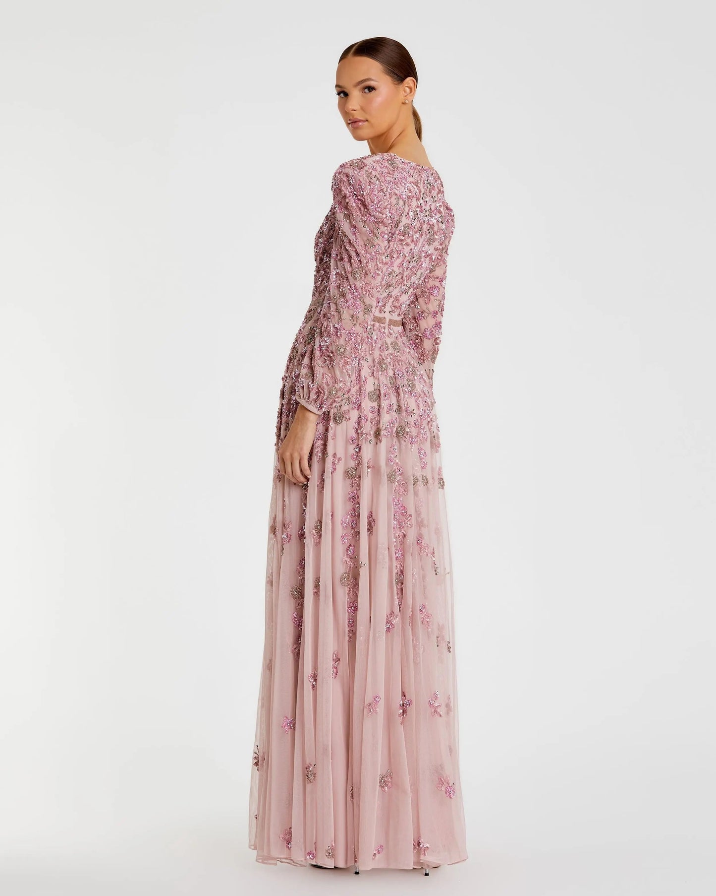 Pink Embellished V Neck Long Sleeve A Line Gown