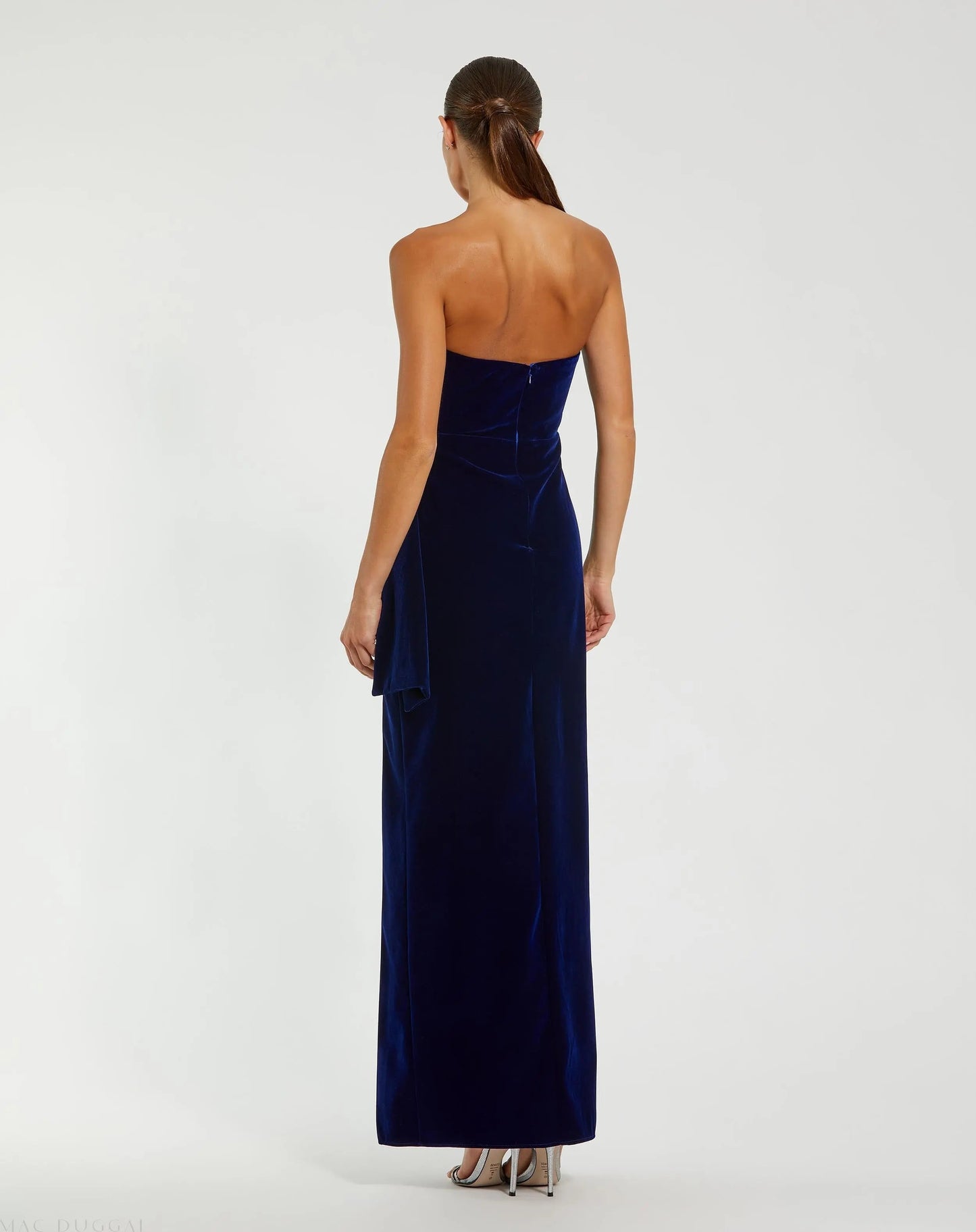 Blue Strapless High Slit Draped Velvet Gown
