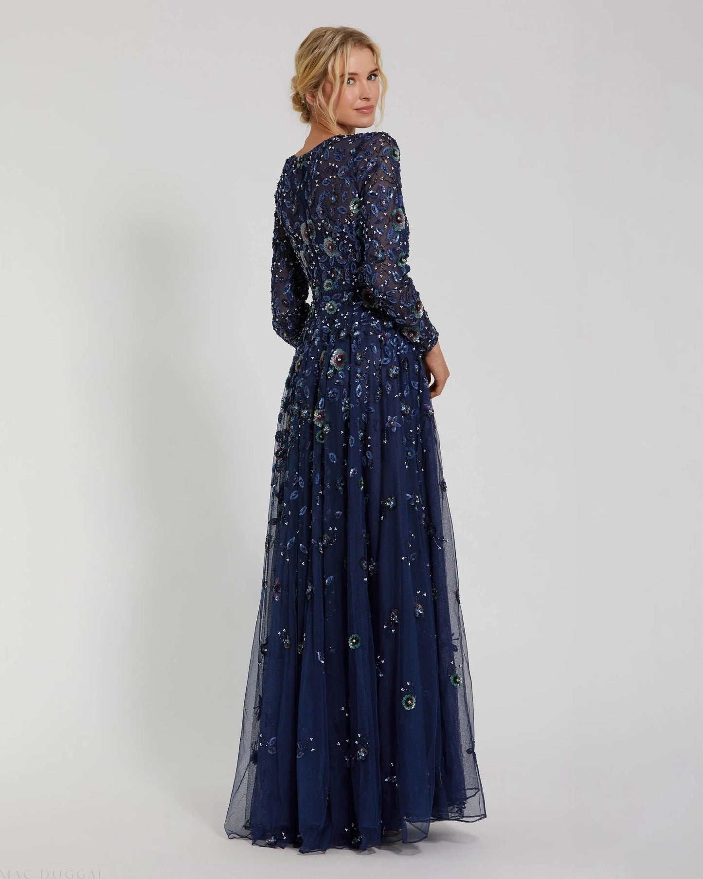 Navy Embellished High Neck Long Sleeve A Line Gown