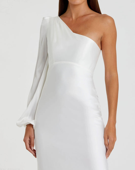 White One Shoulder Blouson Sleeve Gown - FINAL SALE