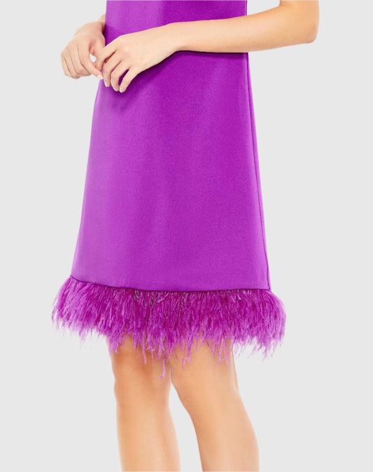 Purple Feathered Hem High Neck Sleeveless Trapeze Dress - Final Sale