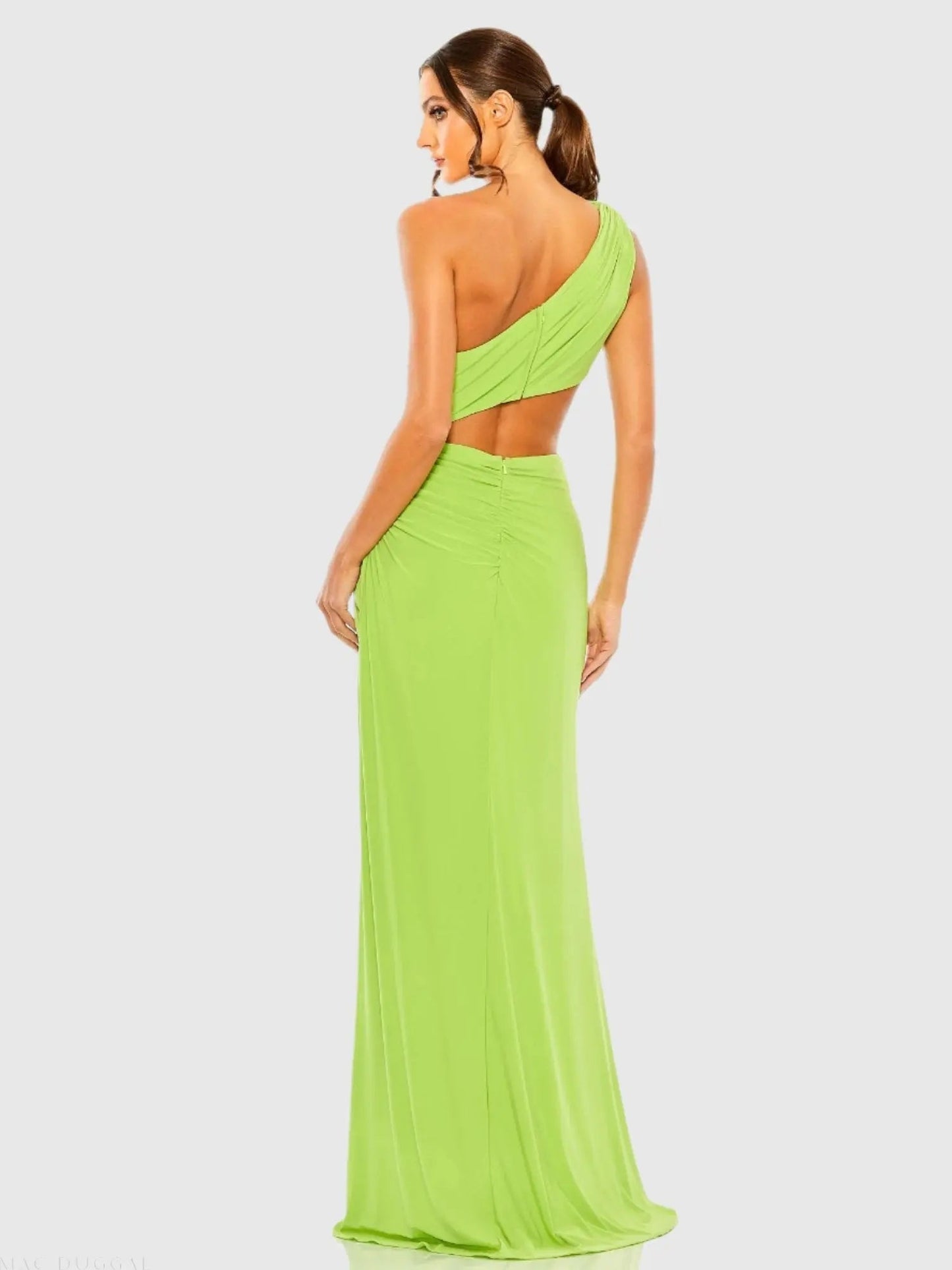 Green Cut Out One Shoulder Ruched Back Gown - Final Sale