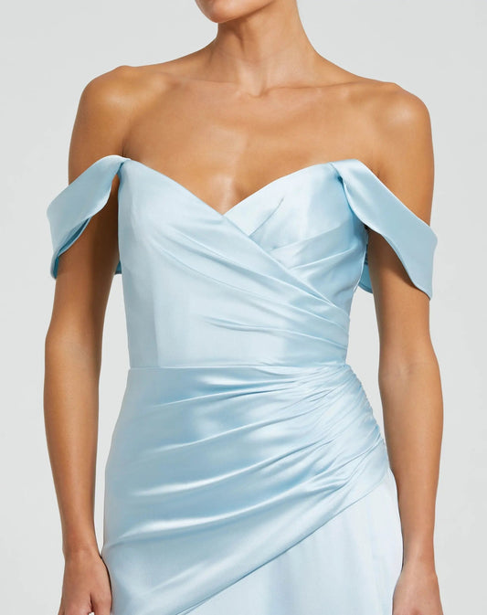 Blue Satin Off The Shoulder Crossover Gown