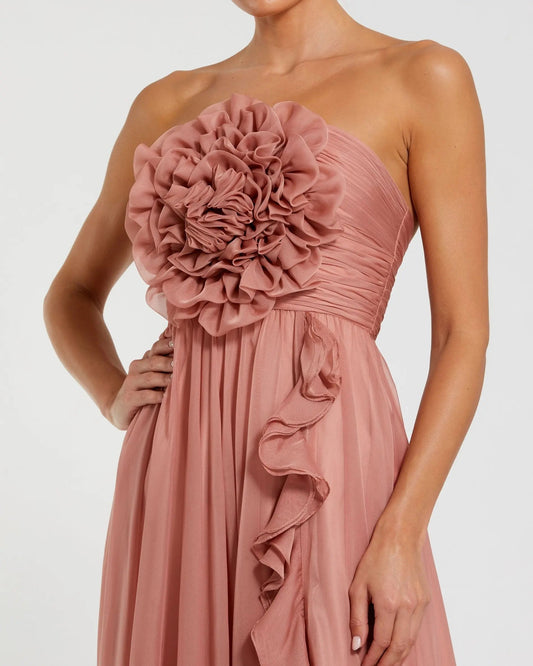 Pink Strapless Chiffon Gown With Oversized 3D Flower