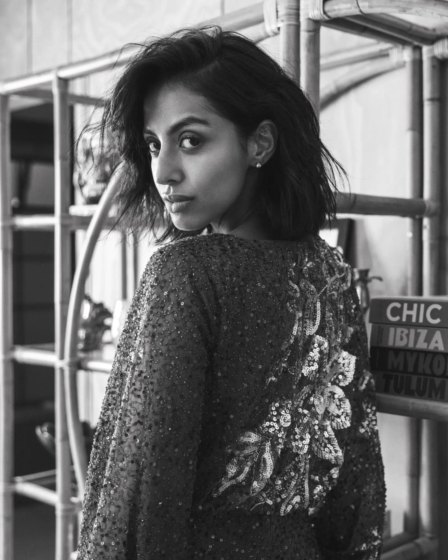 Brown High Neck Long Sleeve Sequin Gown