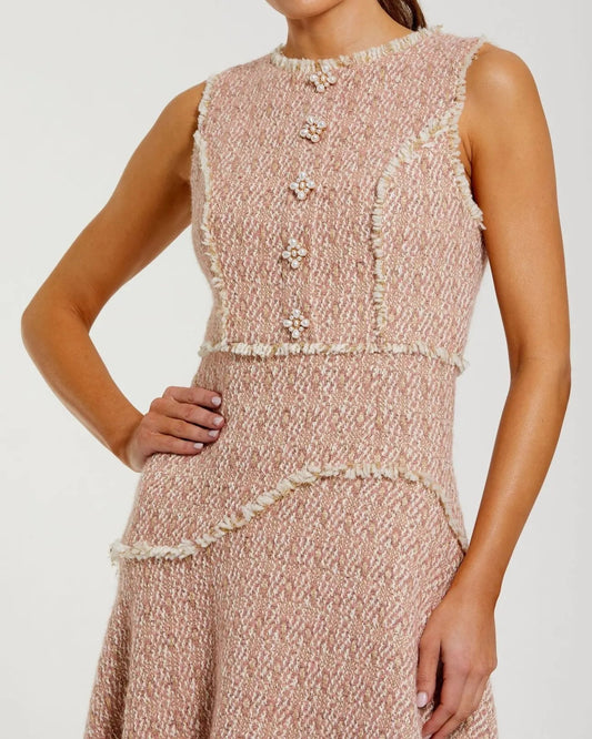 Light Pink Boucle Sleeveless Button Up Midi Dress