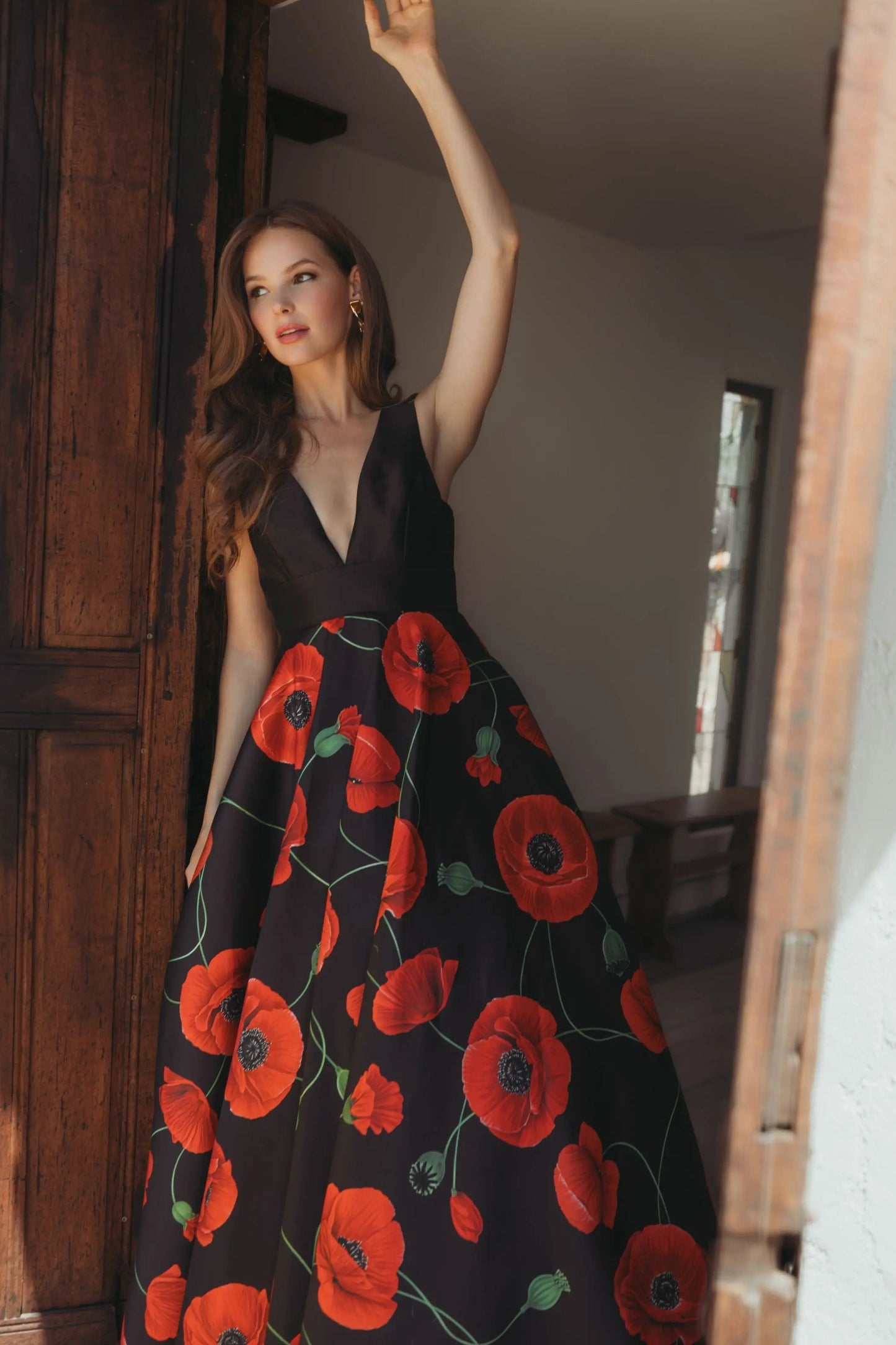 Black Plunge Neck Ball Gown With Floral Mikado Skirt