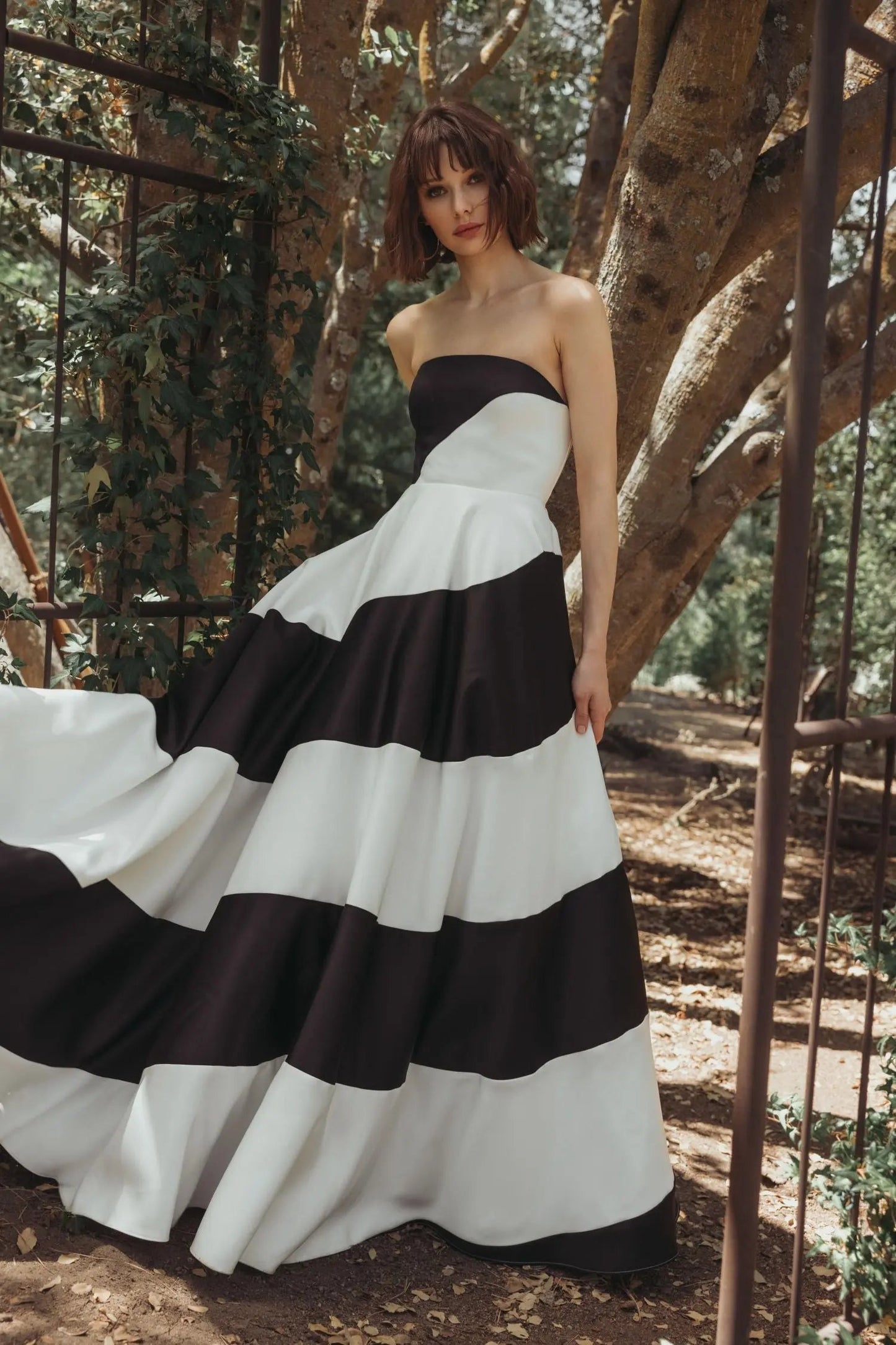 Black and White Striped Satin Strapless Ball Gown