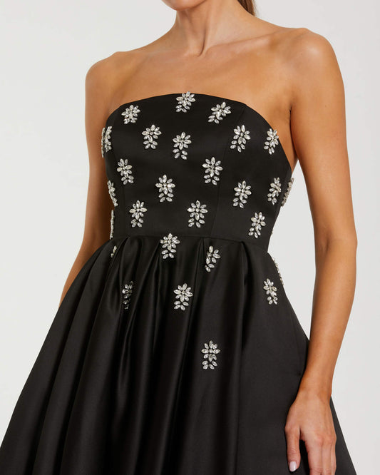 Black Crystal Embellished Strapless Satin A-Line Dress