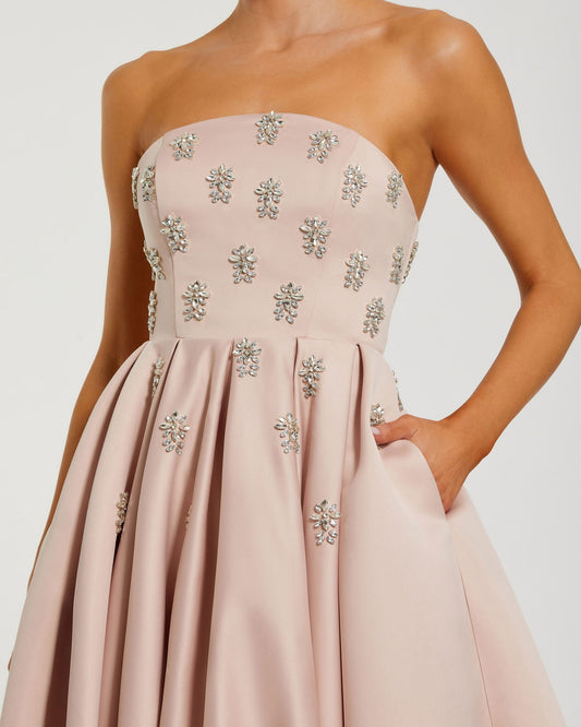 Pink Crystal Embellished Strapless Satin A-Line Dress