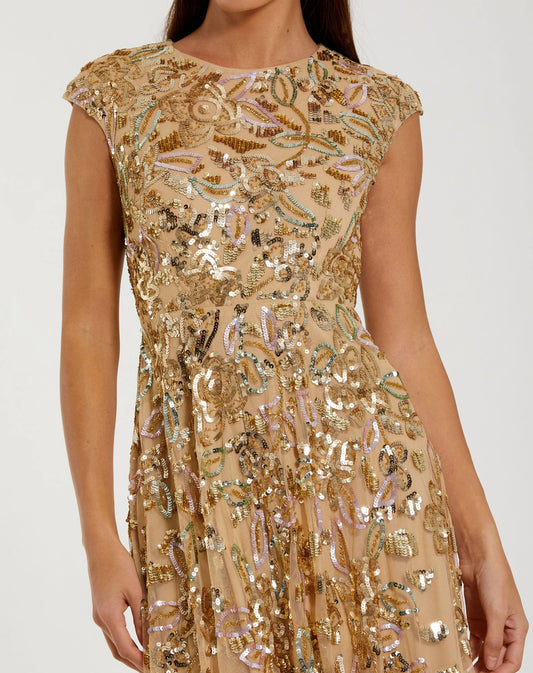 Gold Sequin High Neck Cap Sleeve A Line Gown