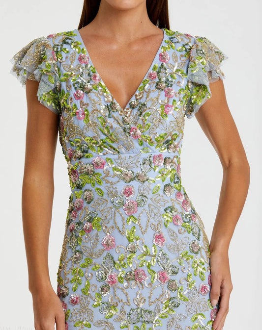 Blue Floral Sequin Embellished Flutter Cap Sleeve Dress