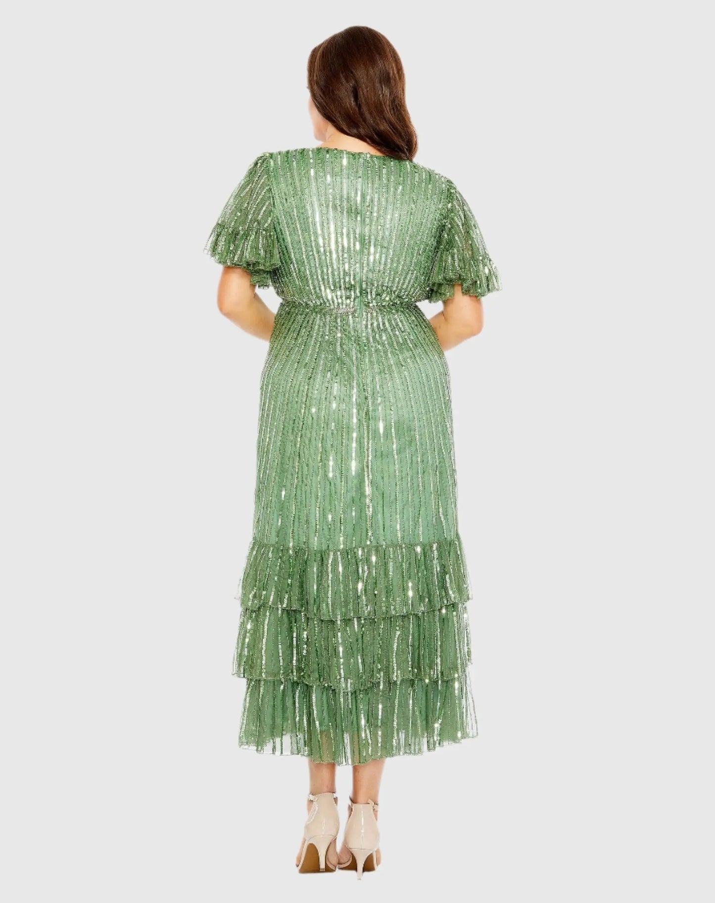 Green Sequin Faux Wrap Flutter Sleeve Ruffle Dress (Plus)