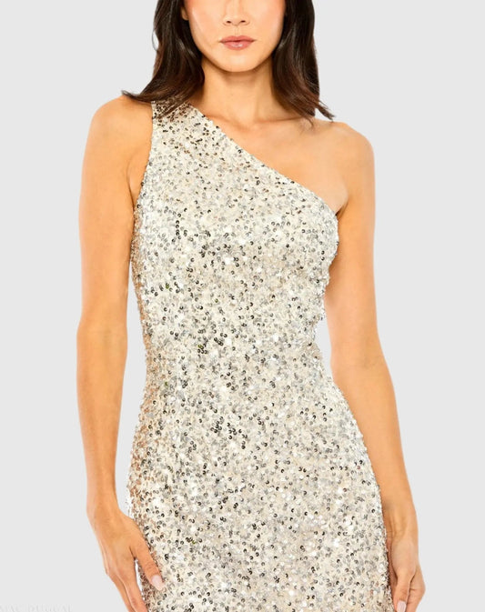 Silver One Shoulder Embellished Fringe Detail Dress