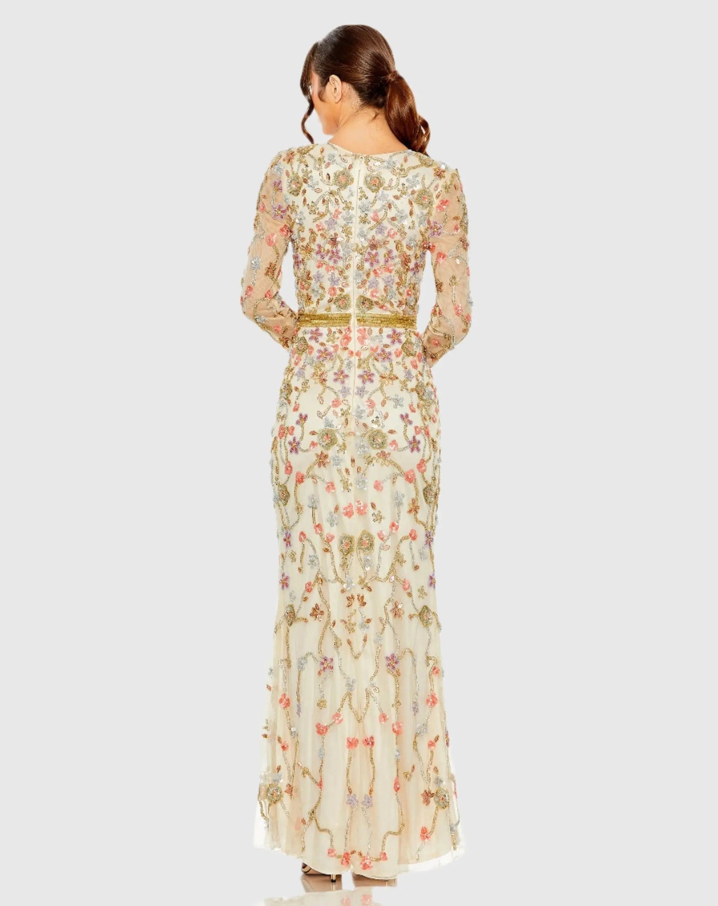 White Long Sleeve Floral Embellished Gown