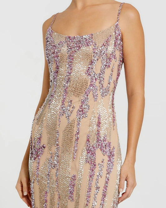 Beige Spaghetti Strap Beaded Column Gown