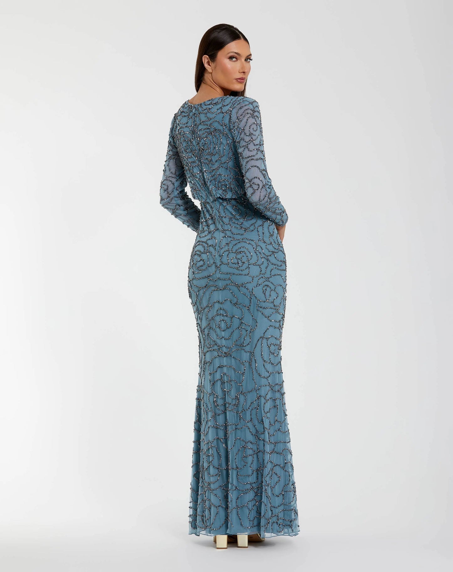 Blue Long Sleeve Beaded Blouson Gown