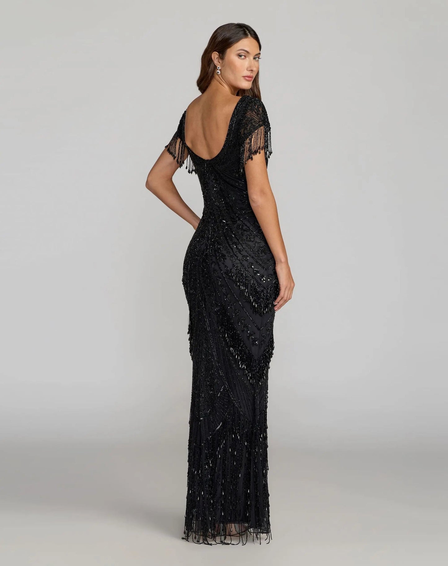 Black Cap Sleeve Beaded Fringe Column Gown