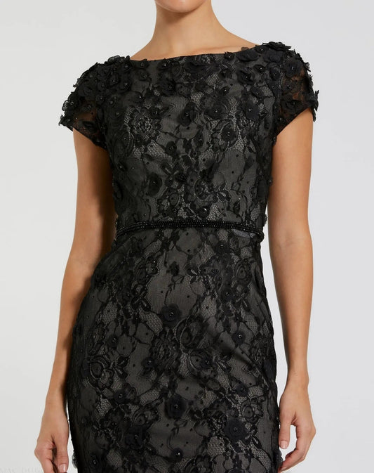 Black Floral Applique Boat Neck Cap Sleeve Gown