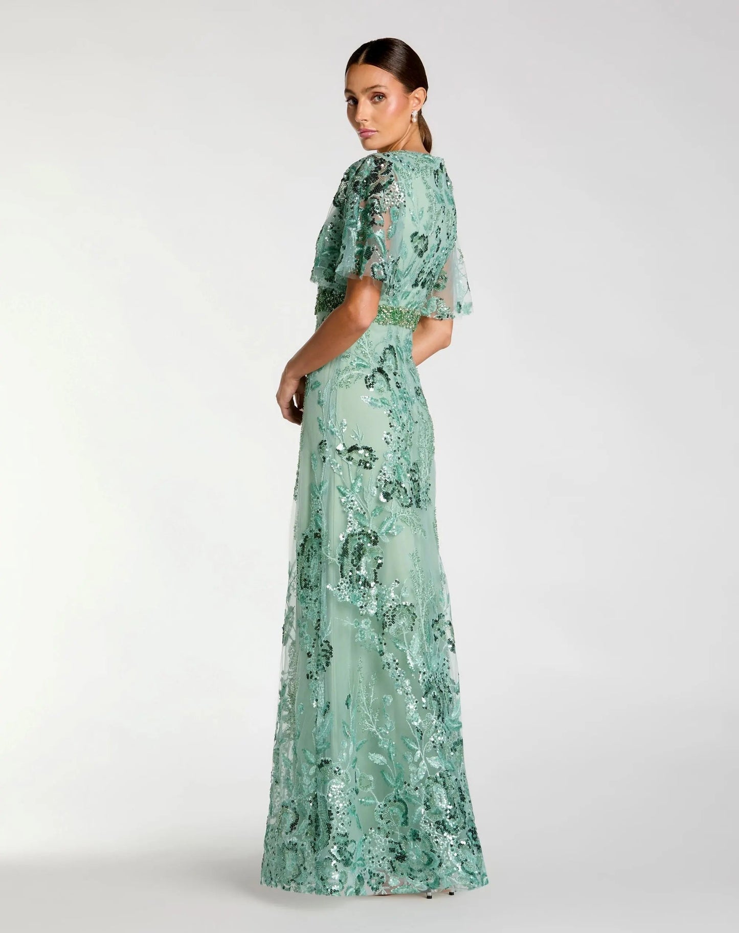 Green Floral Embellished Short Sleeve Gown