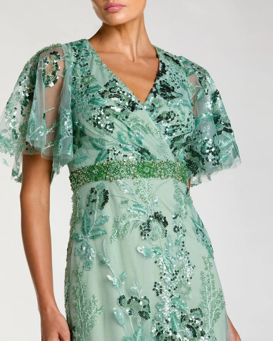 Green Floral Embellished Short Sleeve Gown