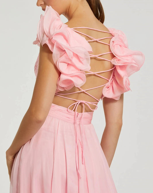 Pink Ruffle Tiered Cut-Out Chiffon Gown