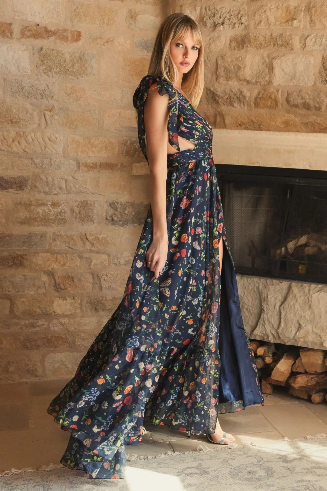 Navy Tied One Shoulder Cut-Out Flowy Gown