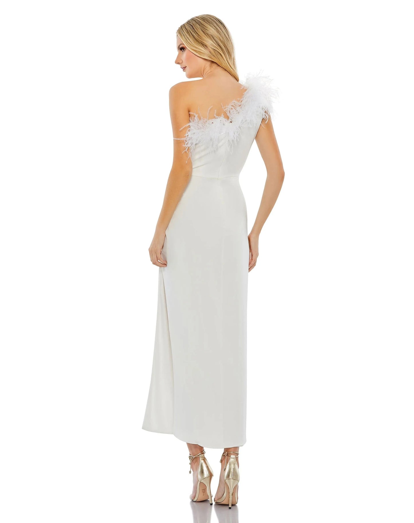 White Feather Trim One Shoulder Draped Dress