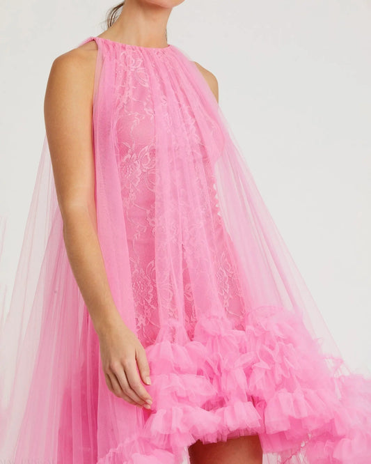Pink Tulle High Neck Sleeveless Ruffled Hem Hi-Low Gown