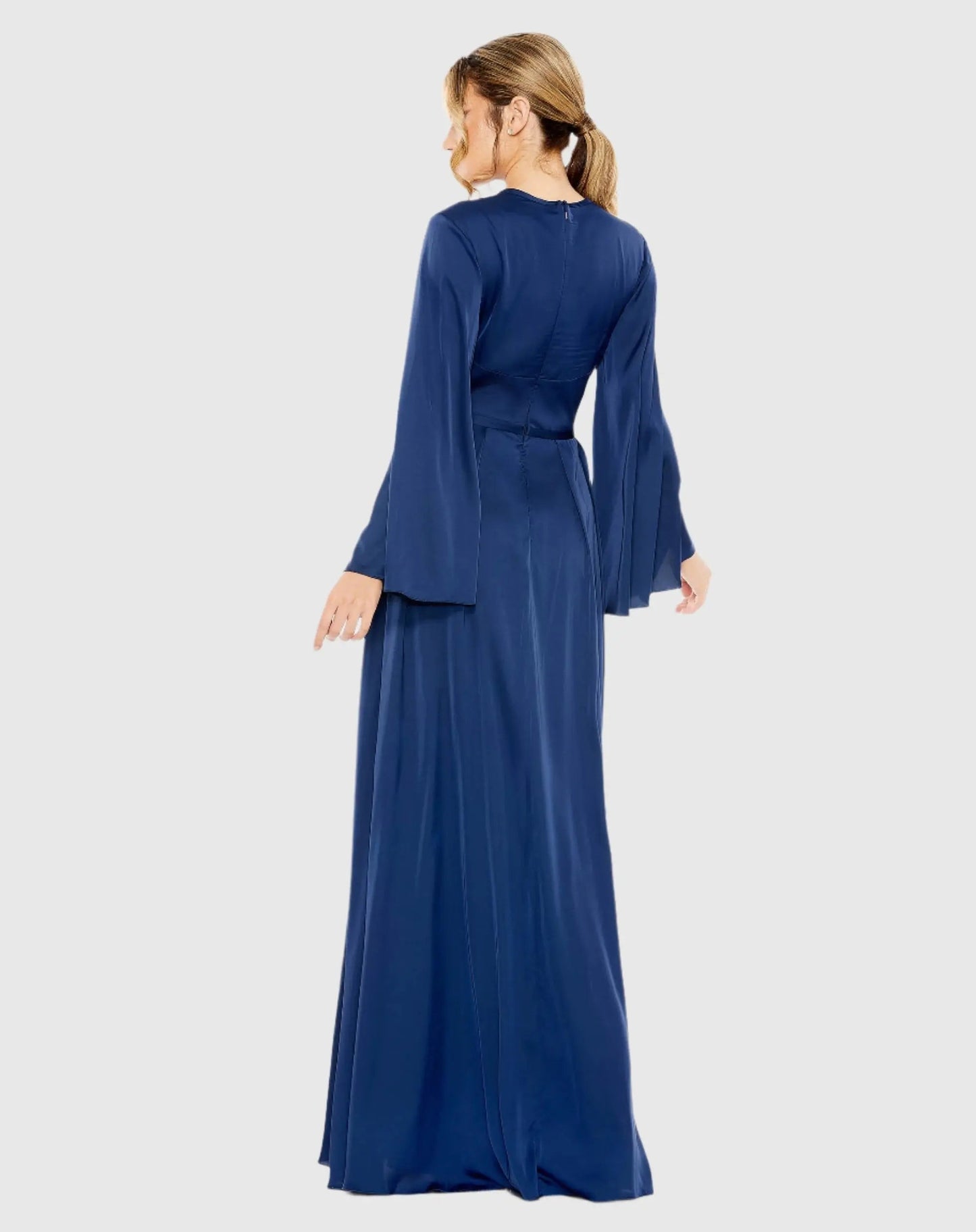 Navy Charmeuse Soft Tie Keyhole Bell Sleeve Gown