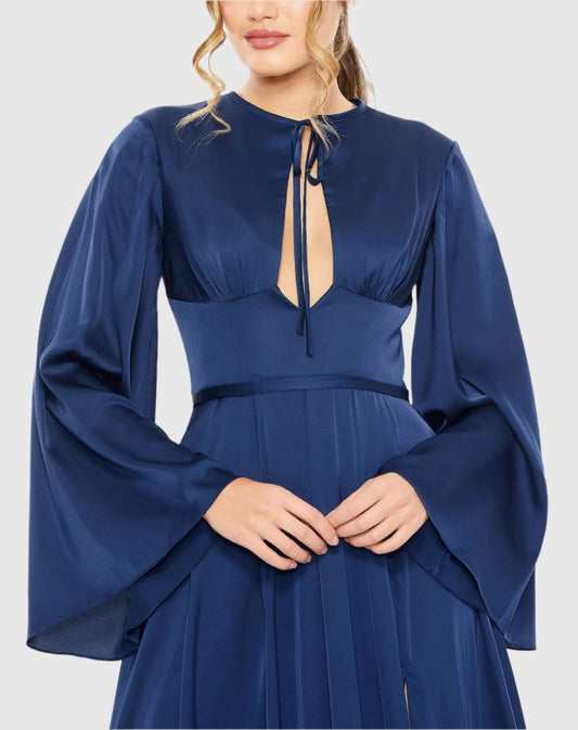 Navy Charmeuse Soft Tie Keyhole Bell Sleeve Gown